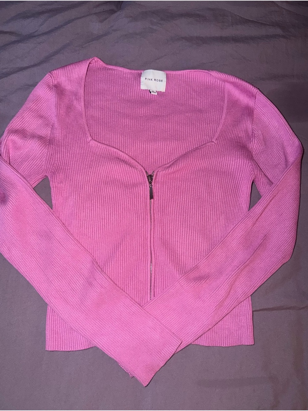 Pink Rose Women's Bright Pink Ribbed Zip-Up V-Neck Sweater